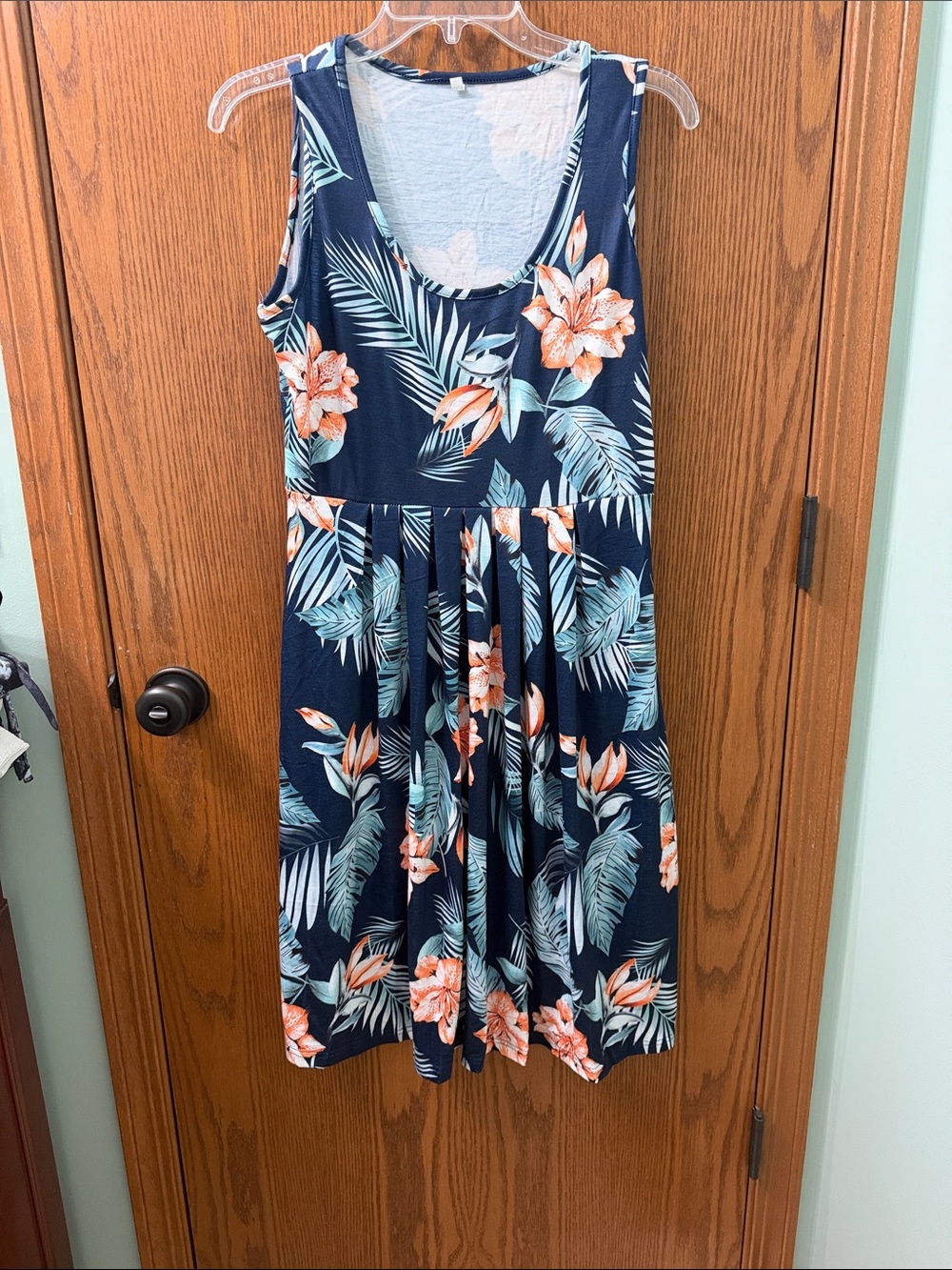 Navy Tropical Floral Sleeveless Sundress - Coral & Teal Print